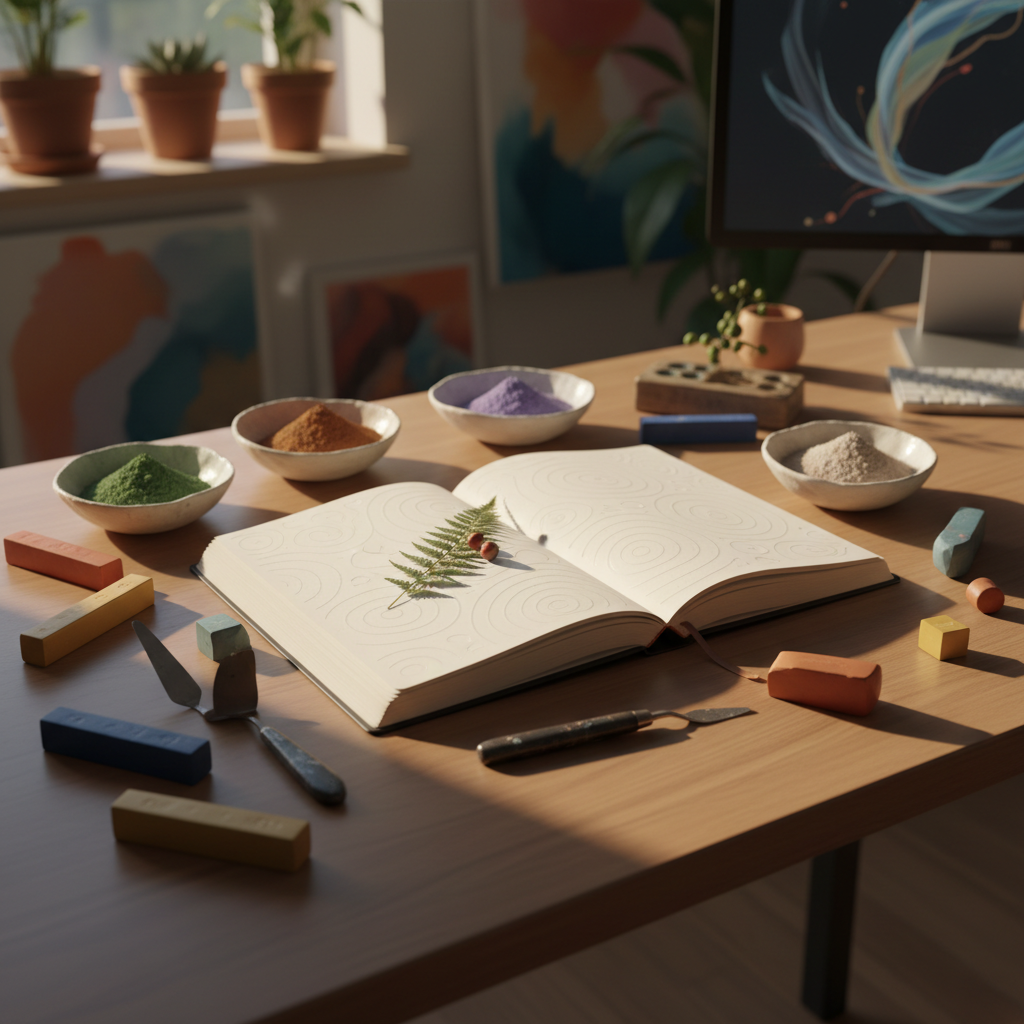 A serene digital-art studio altar arranged on a smooth wooden tabletop, seen from a slightly elevated angle. At the center lies an open, unlined journal with creamy pages, its surface embossed with subtle, tactile patterns that catch the light. Surrounding it are chunky oil pastels, a well-used palette knife, and small ceramic bowls overflowing with pigment-like powders in moss green, soft lavender, rust, and pearl. A single sprig of wild foliage rests across the page, symbolizing nature and human connection. Warm afternoon light pours in from an unseen side window, creating long, gentle shadows and a calm, intimate mood. The composition uses the rule of thirds with a shallow depth of field, giving the journal and textural tools sharp clarity against a softly blurred, sophisticated background.