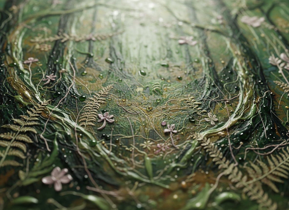 An intricate digital-art close-up of a textured painting inspired by a forest after rain, filling the frame edge to edge. Raised strokes suggest tree trunks and ferns, built from layered virtual mediums that resemble plaster, wax, and metallic leaf. Droplets of simulated varnish bead along ridges like captured raindrops. Deep emeralds blend into muted ochres, with threads of pale pink and soft ivory hinting at hidden wildflowers. Gentle, overcast forest light seems to filter from above, creating a moist, luminous sheen across the surface. Shot as a macro composition with extremely shallow depth of field, the foreground textures are in razor-sharp focus while the background melts into abstract, soothing color—evoking an autistic sensory immersion in nature’s details and quiet emotional resonance.
