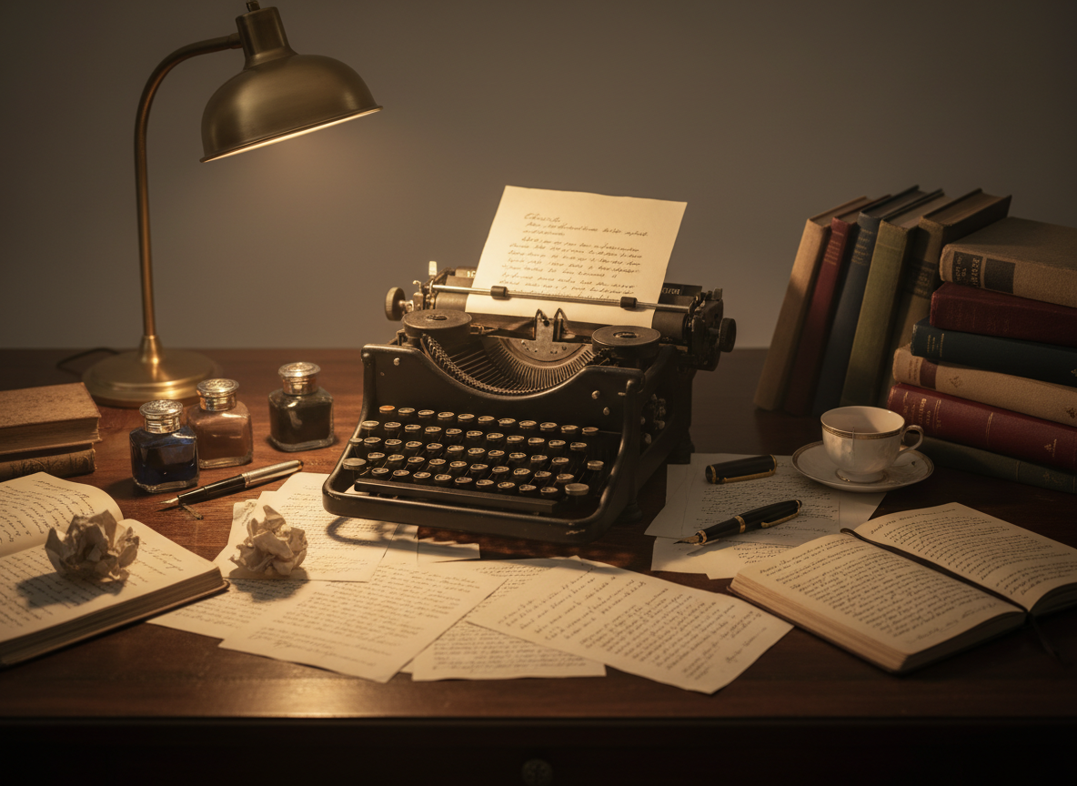 A writing desk with a typewriter, manuscript pages and fountain pens