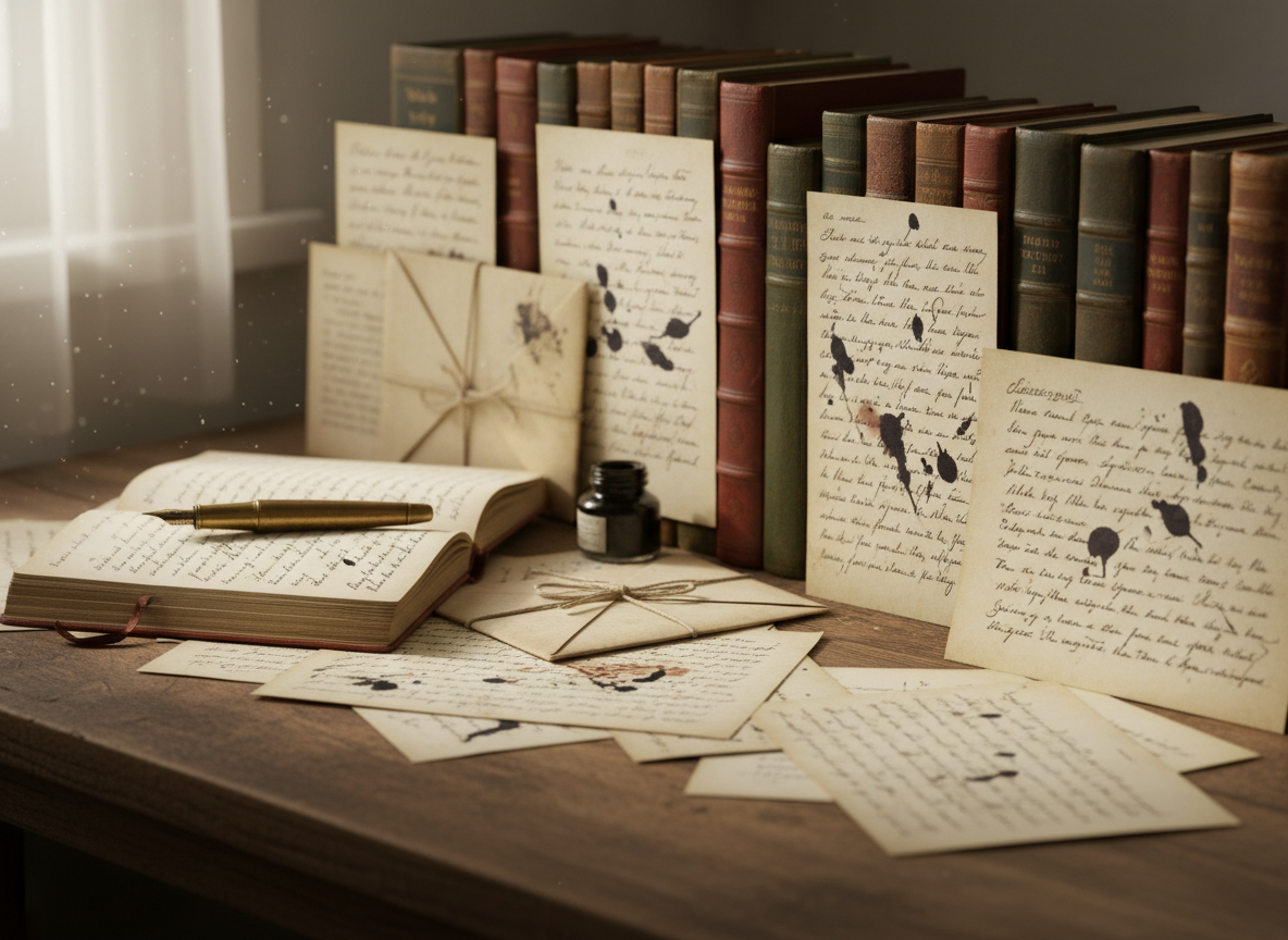 Stacked books and essays beside a fountain pen