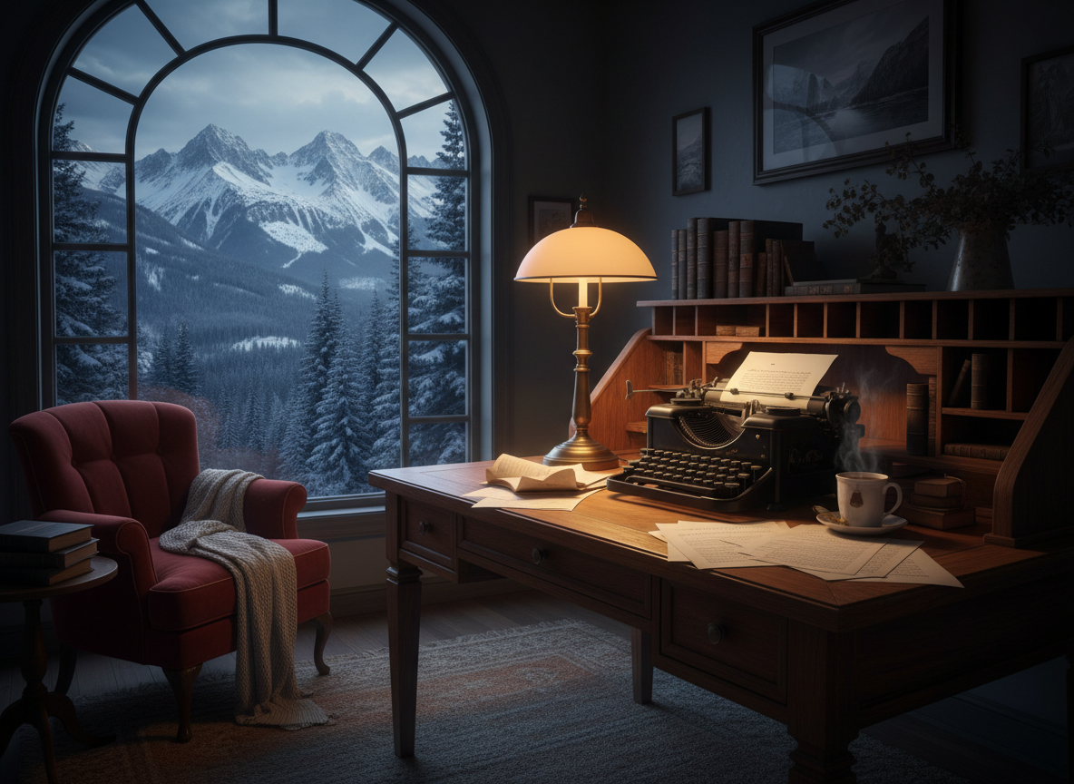 A typewriter set before a window overlooking snowy mountains