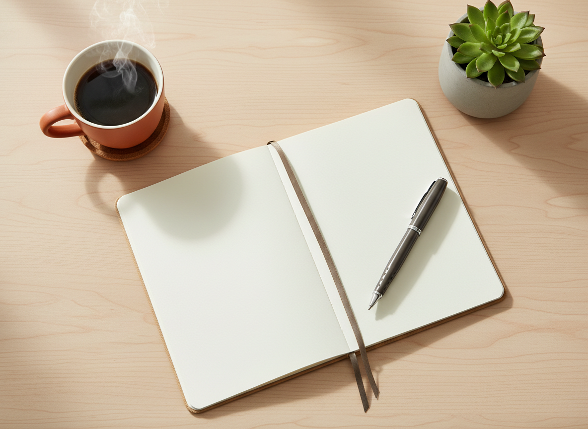 A sophisticated, close-up flat lay of professional writing tools on a dark desk — a sleek fountain pen resting on an open leather-bound journal, a small crystal inkwell catching the light, crisp white manuscript pages with handwritten text (not legible), a wax seal stamp nearby. No people. Warm, golden directional light. Moody, elegant, and literary atmosphere. No identifiable book titles or covers.