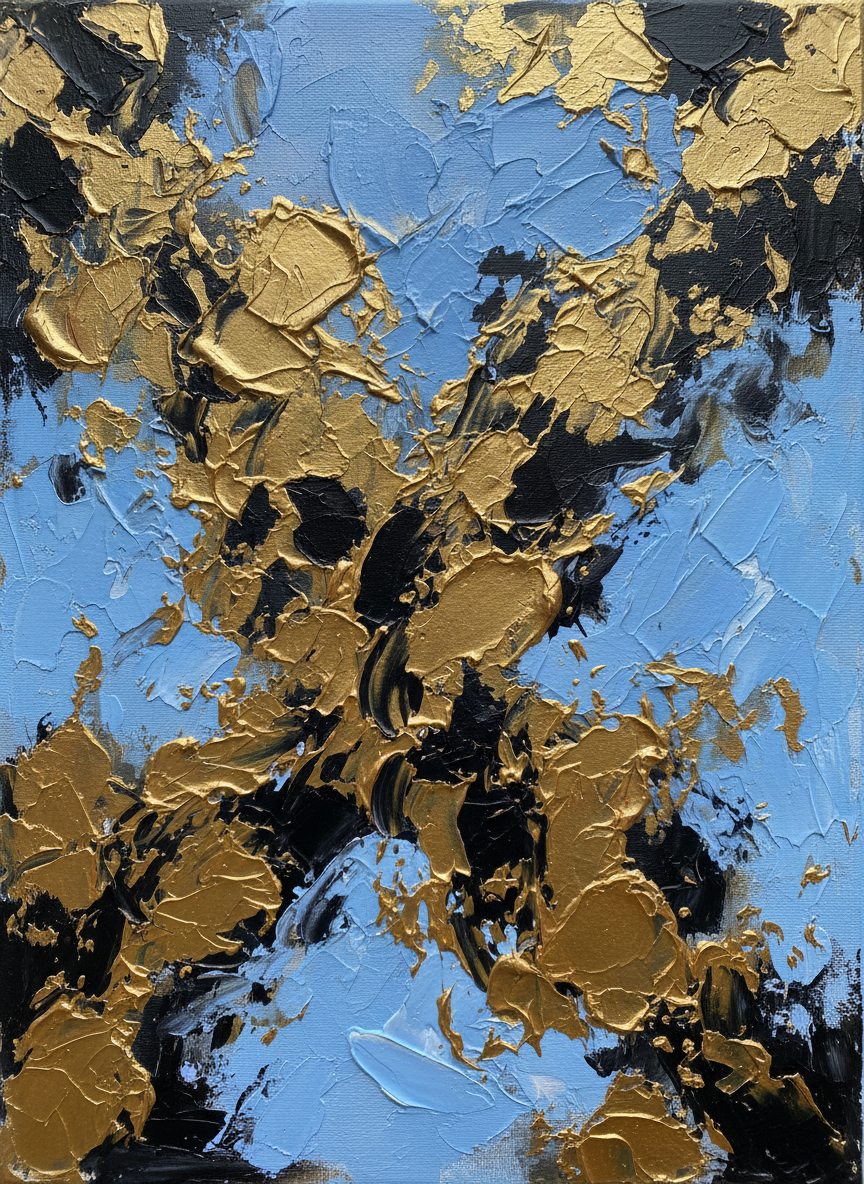 Heavily textured abstract acrylic painting created with palette knives — thick impasto ridges and dragged strokes in gold, airy blue, and deep black. No brushwork. Raw and bold.