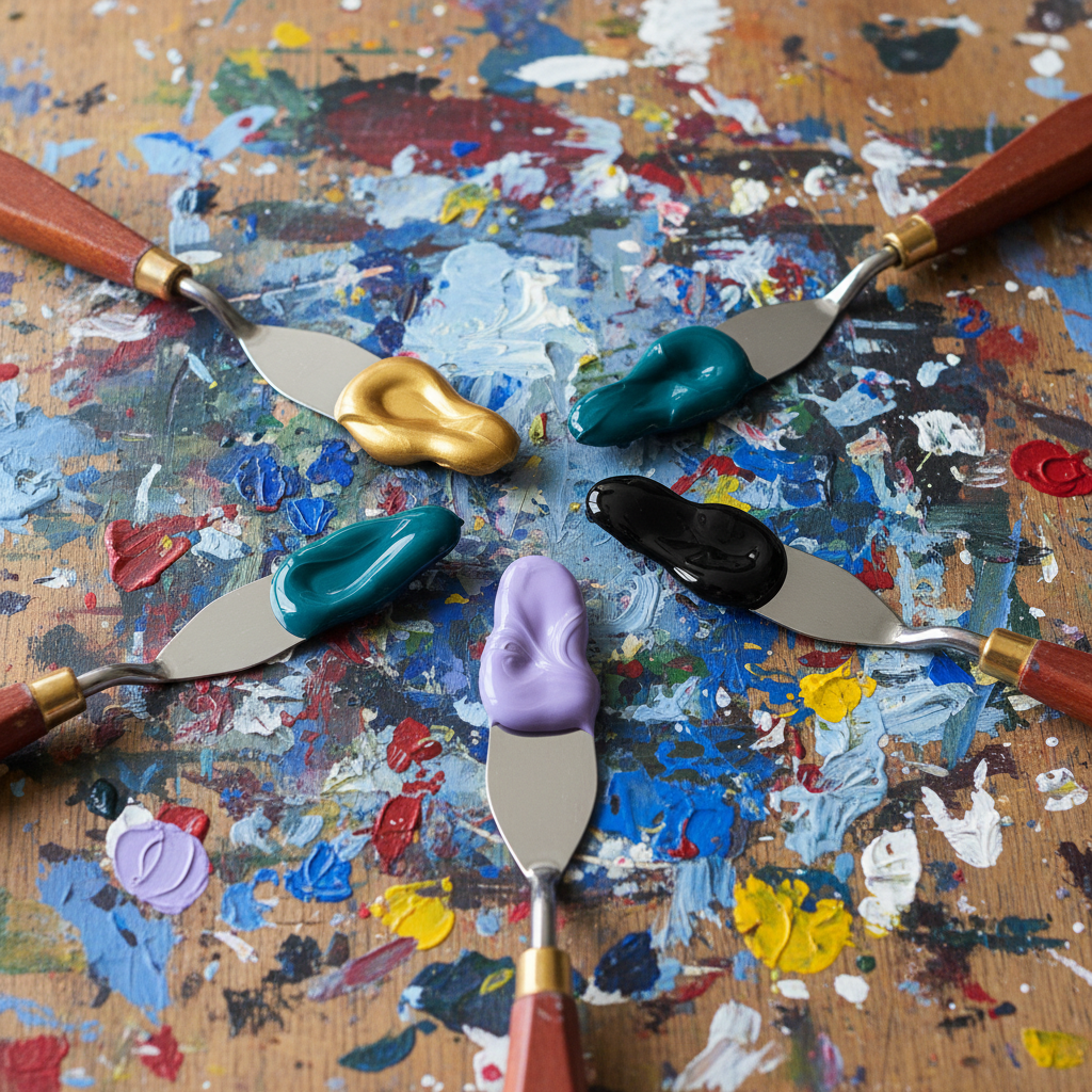 Several palette knives fanned out on a paint-covered studio surface, each blade carrying thick remnants of bold acrylic color — gold, teal, black, lavender. No paint palette dish.