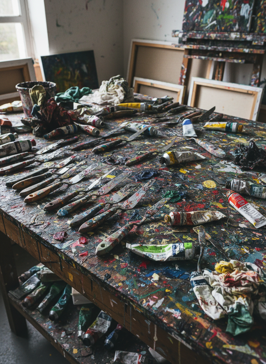 A paint-splattered studio worktable with palette knives and acrylic paint tubes, layers of dried paint on every surface. Controlled chaos. No people, no paint palette dish.
