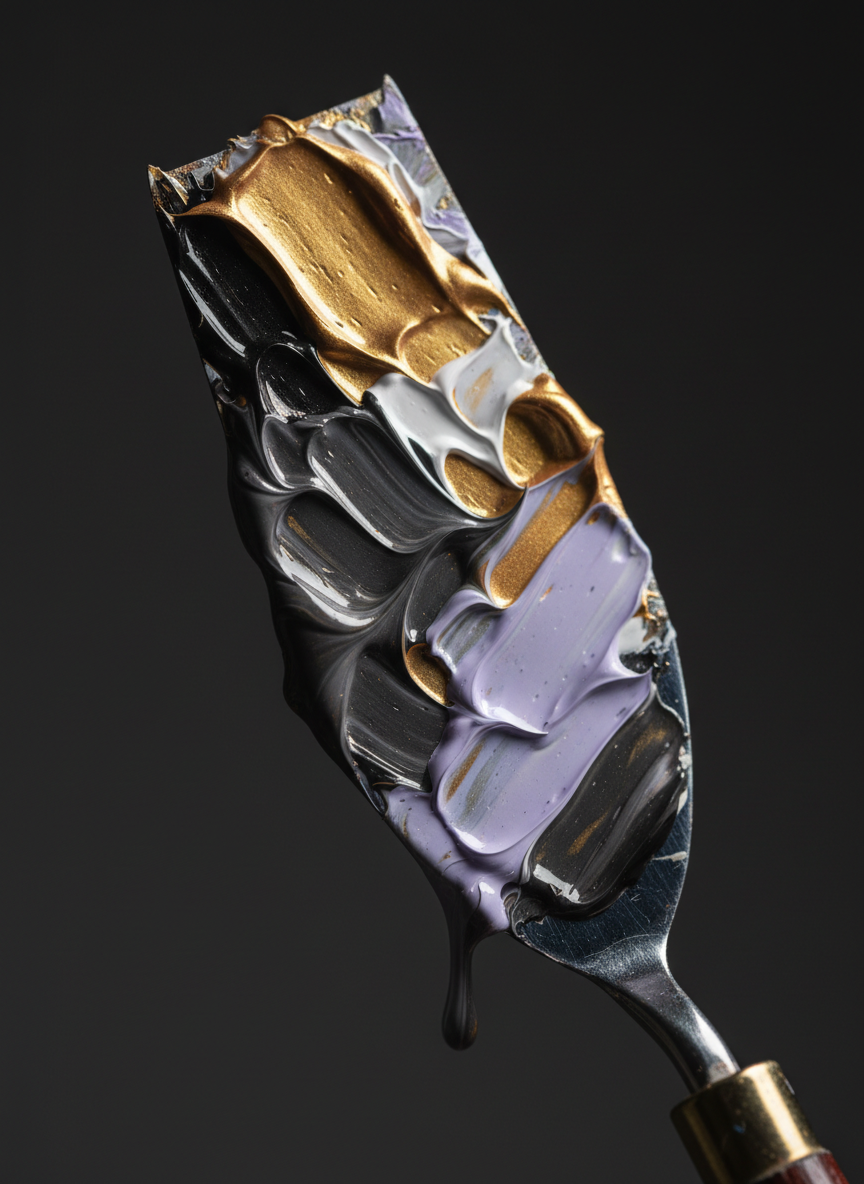 Close-up macro shot of a single palette knife thickly coated in bold acrylic paint — gold, black, lavender, and white blending on the blade. Dramatic light. No paint palette dish.