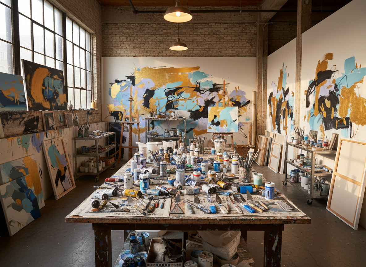 Paint-covered studio work surfaces with scattered palette knives and acrylic paint tubes in bold colors—gold, lavender, black, and teal. Organized chaos of creative tools, no paintings or landscapes displayed.